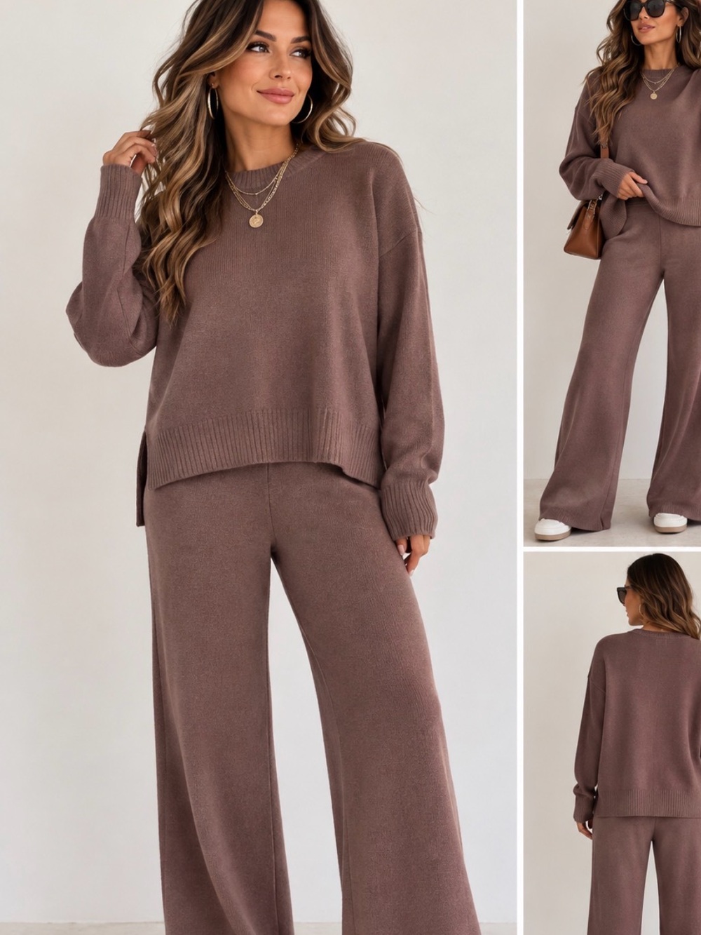 New Cozy Wide-Leg Knit Pants & Sweater Set - Brown